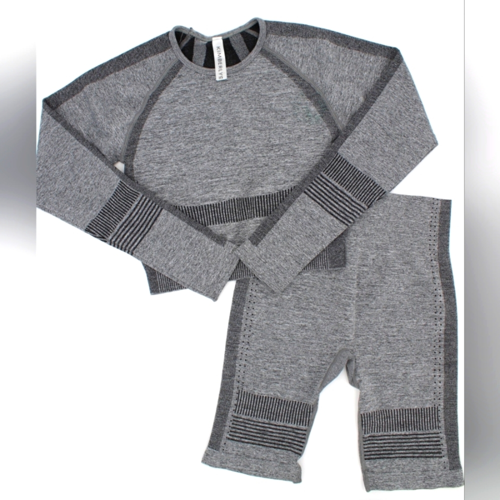 Kimberly C Ribbed Athletic Set – Size S | Grey/Black, Crop Top + Biker Shorts
